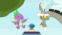 Size: 1920x1080 | Tagged: safe, screencap, discord, spike, dragon, g4, the big mac question, jewelry, ring, winged spike, wings