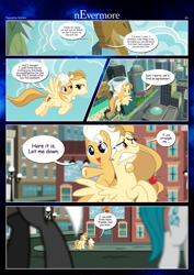 Size: 3259x4607 | Tagged: safe, artist:estories, oc, oc only, oc:alice goldenfeather, oc:fable, earth pony, pegasus, pony, comic:nevermore, g4, colt, comic, female, flying, male, mare, ponies riding ponies, riding, speech bubble