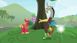 Size: 1920x1080 | Tagged: safe, screencap, big macintosh, discord, spike, dragon, earth pony, pony, g4, the big mac question, apple, apple tree, male, stallion, tree, winged spike, wings