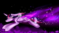 Size: 1920x1080 | Tagged: safe, artist:intfighter, edit, twilight sparkle, alicorn, pony, g4, black background, cropped, eyes closed, female, flying, mare, simple background, solo, twilight sparkle (alicorn)