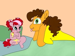 Size: 1280x960 | Tagged: safe, artist:doodletheexpoodle, cheese sandwich, oc, oc:apple sorbet, earth pony, pony, g4, father and child, father and daughter, female, foal, male, offspring, parent:applejack, parent:cheese sandwich, parents:cheesejack, rubber chicken, silly, tongue out