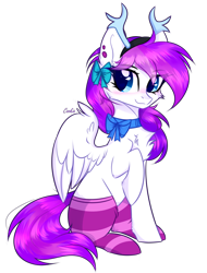 Size: 2392x3144 | Tagged: safe, artist:mint-light, oc, oc only, oc:lavanda, pegasus, pony, antlers, bow, chest fluff, clothes, commission, ear piercing, hair bow, high res, pegasus oc, piercing, raised hoof, reindeer antlers, simple background, sitting, smiling, socks, solo, striped socks, transparent background, wings, ych result