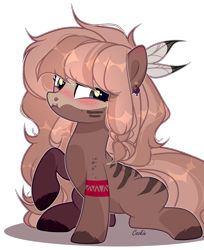 Size: 2053x2512 | Tagged: safe, artist:mint-light, oc, oc only, earth pony, pony, blushing, colored hooves, commission, earth pony oc, feather, high res, raised hoof, simple background, solo, transparent background, ych result