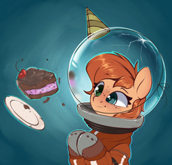 Size: 960x921 | Tagged: safe, artist:rexyseven, oc, oc only, oc:rusty gears, earth pony, pony, cake, female, food, hat, heterochromia, mare, party hat, solo, space helmet, spacesuit, zero gravity