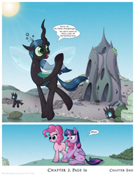 Size: 1200x1552 | Tagged: safe, artist:deusexequus, pinkie pie, queen chrysalis, twilight sparkle, alicorn, changeling, changeling queen, earth pony, pony, comic:fix, g4, alternate hairstyle, changeling hive, comic, female, open mouth, twilight sparkle (alicorn), younger