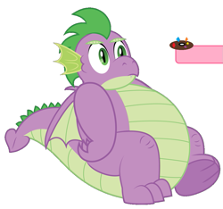 Size: 1093x1024 | Tagged: safe, artist:aleximusprime, edit, editor:background pony #91z0, pinkie pie, spike, dragon, earth pony, pony, g4, 1000 hours in ms paint, adult, adult spike, chubby, donut, fat, fat spike, food, gemstones, hoof hold, offscreen character, older, older spike, simple background, spike is not amused, unamused, vector, white background, winged spike, wings