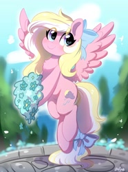 Size: 1200x1612 | Tagged: safe, artist:oofycolorful, oc, oc only, oc:bay breeze, pegasus, pony, g4, blushing, bouquet, chest fluff, cute, female, flower, heart, heart eyes, looking at you, mare, ocbetes, smiling, smiling at you, solo, wingding eyes