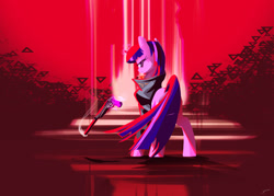 Size: 2100x1500 | Tagged: safe, artist:naafreelanceartist, twilight sparkle, pony, unicorn, g4, abstract background, assassin, beret, clothes, female, glowing horn, gun, handgun, hat, horn, jacket, leather jacket, looking at you, looking back, looking back at you, magic, pistol, red background, signature, solo, suppressed pistol, suppressor, telekinesis, unicorn twilight