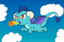 Size: 1000x667 | Tagged: safe, artist:empyu, princess ember, dragon, g4, g4.5, my little pony: pony life, cloud, cute, dragoness, emberbetes, female, fire, fire breath, flying, g4 to g4.5, sky, smol, solo, wings, younger