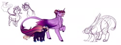 Size: 1280x480 | Tagged: safe, artist:minsona, twilight sparkle, oc, oc:lasting legacy, unnamed oc, alicorn, earth pony, griffon, kirin, pony, unicorn, g4, alternate design, alternate hairstyle, colored wings, colored wingtips, colt, cowering, don't talk to me or my son ever again, female, gradient wings, griffon oc, hair bun, kirin hybrid, leonine tail, magical lesbian spawn, male, mother and child, mother and son, offspring, parent:rarity, parent:twilight sparkle, parents:rarilight, simple background, twilight sparkle (alicorn), white background, wings