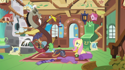 Size: 1280x720 | Tagged: safe, screencap, discord, fluttershy, draconequus, pegasus, pony, dungeons and discords, g4, bag, clothes, duo, fluttershy's cottage, saddle bag, scarf, suitcase, sweater