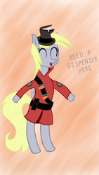 Size: 2160x3840 | Tagged: safe, artist:divifilly, derpy hooves, pony, g4, gibus, hat, high res, need a dispenser here, soldier, soldier (tf2), t pose, team fortress 2