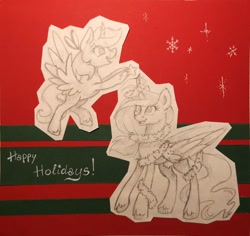 Size: 960x906 | Tagged: safe, oc, oc only, oc:iris, oc:lilyana, alicorn, pony, alicorn oc, christmas, community related, duo, female, filly, flying, happy, holiday, horn, mare, smiling, starved for light, traditional art, wings