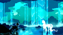 Size: 1024x576 | Tagged: safe, oc, oc only, oc:iris, alicorn, pony, alicorn oc, community related, concept art, duo, female, horn, mare, pond, raised hoof, starved for light, waterfall, wings