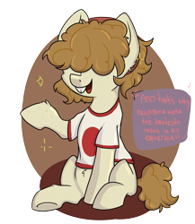 Size: 2224x2560 | Tagged: safe, artist:dumbwoofer, oc, oc only, oc:goldie mops, pony, bucktooth, clothes, female, high res, long mane, mare, neet, shirt, simple background, sitting, solo, text, transparent background, underhoof, weeb