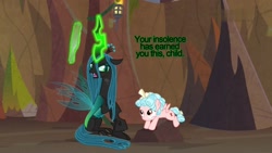 Size: 1920x1080 | Tagged: safe, edit, edited screencap, screencap, cozy glow, queen chrysalis, changeling, pony, g4, season 9, evil lair, grogar's lair, imminent spanking, insolence, lair, paddle, photo, rock, text