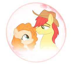 Size: 1051x920 | Tagged: safe, artist:third uncle, edit, bright mac, pear butter, earth pony, pony, g4, cowboy hat, eye contact, female, full moon, hat, husband and wife, looking at each other, male, mare, moon, ship:brightbutter, shipping, simple background, stallion, straight, transparent background