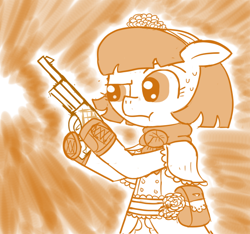 Size: 640x600 | Tagged: safe, artist:ficficponyfic, part of a set, oc, oc only, oc:mulberry telltale, cyoa:madness in mournthread, aiming, bag, boots, clothes, cyoa, floppy ears, flower, gun, hairband, monochrome, neckerchief, nervous, one eyebrow raised, pursed lips, shawl, shoes, story included, sweat, weapon