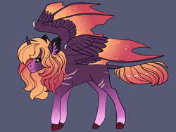 Size: 2800x2100 | Tagged: safe, artist:loryska, oc, oc only, alicorn, bat pony, bat pony alicorn, pony, bat wings, high res, horn, hybrid wings, magical lesbian spawn, offspring, parent:applejack, parent:tempest shadow, simple background, solo, wings