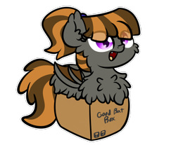 Size: 3250x2688 | Tagged: dead source, safe, artist:php142, part of a set, oc, oc only, oc:mythic dawn, bat pony, pony, :d, bat pony oc, bat wings, box, commission, cute, ear fluff, eyebrows, eyebrows visible through hair, fangs, female, fluffy, hair tie, happy, high res, pony in a box, ponytail, purple eyes, simple background, slit pupils, solo, transparent background, wings, ych result