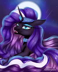 Size: 1400x1750 | Tagged: safe, artist:ginacreations, idw, nightmare rarity, pony, unicorn, g4, fangs, female, lidded eyes, mare, moon, solo