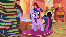 Size: 1280x720 | Tagged: safe, screencap, twilight sparkle, pony, unicorn, g4, spike at your service, book, cup, female, golden oaks library, pillow, raised hoof, solo, teapot, unicorn twilight