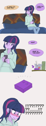Size: 1024x2807 | Tagged: safe, artist:haibaratomoe, sci-twi, twilight sparkle, equestria girls, g4, blushing, blushing profusely, cellphone, comic, context in comments, female, food, glasses, imminent fingering, implied lesbian, implied scitwishimmer, implied shipping, implied sunset shimmer, phone, ribbed for her pleasure, solo