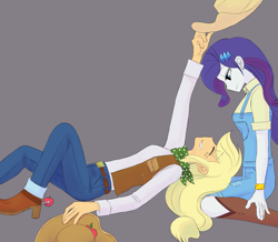 Size: 2273x1986 | Tagged: safe, artist:haibaratomoe, applejack, rarity, equestria girls, five to nine, g4, my little pony equestria girls: better together, cowboy hat, duo, eyes closed, female, gray background, hat, lesbian, looking down, ship:rarijack, shipping, simple background, smiling