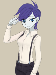 Size: 3024x4032 | Tagged: safe, alternate version, artist:haibaratomoe, rarity, equestria girls, g4, alternate hairstyle, female, simple background, solo, suspenders, tan background