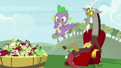 Size: 1920x1080 | Tagged: safe, screencap, discord, spike, dragon, g4, the big mac question, apple, apple tree, barrel, chair, food, tree, winged spike, wings