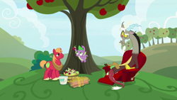 Size: 1920x1080 | Tagged: safe, screencap, big macintosh, discord, spike, dragon, g4, the big mac question, apple, apple tree, chair, paint bucket, tree, winged spike, wings