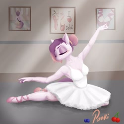 Size: 1250x1250 | Tagged: safe, artist:pankydrawuvu, oc, oc:via, anthro, arms out, ballerina, ballet, ballet barre, ballet bun, ballet slippers, ballet studio, clothes, eyes closed, hair bun, one leg out, pose, smiling, tutu