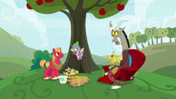 Size: 1920x1080 | Tagged: safe, screencap, big macintosh, discord, spike, dragon, g4, the big mac question, apple, apple tree, food, paint bucket, tree, winged spike, wings