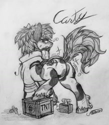 Size: 1512x1732 | Tagged: safe, artist:reekosukanku, oc, oc only, oc:carty, earth pony, pony, butt, crate, explosives, male, monochrome, plot, solo, stallion, tnt, traditional art