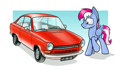 Size: 1920x1080 | Tagged: safe, artist:dori-to, oc, oc only, oc:steam loco, pegasus, pony, car, classic car, commission, daf, digital art, male, pegasus oc, simple background, smiling, solo, wings
