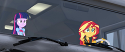 Size: 1920x802 | Tagged: safe, edit, edited screencap, screencap, sunset shimmer, twilight sparkle, equestria girls, g4, my little pony equestria girls: better together, camper, driver seat, driving, female, rv, the incredibles