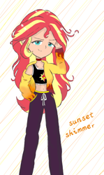 Size: 1080x1814 | Tagged: safe, artist:pink flame, sunset shimmer, equestria girls, g4, belly button, clothes, female, hoodie, human coloration, midriff, pants, sports bra, sweatpants, unzipped