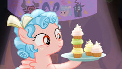 Size: 834x473 | Tagged: safe, screencap, cozy glow, pegasus, pony, frenemies (episode), g4, cupcake, female, food, hoof hold, solo, stacked