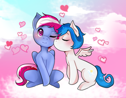 Size: 1000x780 | Tagged: safe, artist:aomisenpai, oc, oc:gentle winds, oc:steam loco, pegasus, pony, cheek kiss, cloud, commission, cute, cutie mark, gay, heart, kissing, male, oc x oc, pegasus oc, shipping, spread wings, wings, ych result