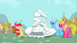 Size: 1920x1080 | Tagged: safe, screencap, apple bloom, cherry berry, linky, shoeshine, g4, season 2, the cutie pox, bipedal, fine art parody, hammer, mouth hold, statue, the birth of venus, we don't normally wear clothes