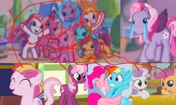 Size: 1440x863 | Tagged: safe, edit, edited screencap, screencap, cheerilee, cheerilee (g3), pinkie pie, pinkie pie (g3), rainbow dash, rainbow dash (g3), scootaloo, scootaloo (g3), starsong, sweetie belle, sweetie belle (g3), toola roola, toola-roola, earth pony, pegasus, pony, unicorn, g3, g4, blue circle, butt, cartoon, crying, female, filly, friendshipping, g3 to g4, generation leap, hug, left out, mare, open mouth, plot, rainbutt dash, red circle, sad, sad pony, teary eyes