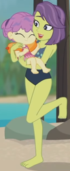 Size: 642x1563 | Tagged: safe, screencap, victoria, water lily (g4), equestria girls, g4, my little pony equestria girls: better together, turf war, barefoot, child, clothes, cropped, feet, female, mother and child, mother and daughter, swimsuit, toddler