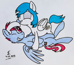 Size: 2388x2109 | Tagged: safe, artist:steam-loco, oc, oc only, oc:gentle winds, oc:steam loco, pegasus, pony, biting, cute, ear bite, eyes closed, high res, lying down, male, nibbling, pegasus oc, simple background, smiling, spread wings, stallion, traditional art, wings