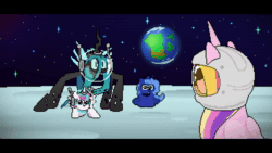 Size: 3840x2160 | Tagged: safe, alternate version, artist:2snacks, edit, princess cadance, princess celestia, princess flurry heart, princess luna, queen chrysalis, alicorn, changeling, changeling queen, pony, g4, 4k, 60 fps, absurd file size, animated, cropped, cursed, earth, female, filly, final boss, get stick bugged lol, high res, horn, mare, meme, moon, music, pixel art, princess necklestia, sound, space, space helmet, sweat, sweatdrop, time paradox, wat, webm, woona, youtube link
