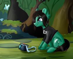 Size: 1341x1073 | Tagged: safe, artist:sapphireblue, butterfly, earth pony, pony, bring me the horizon, camera, clothes, commission, ear fluff, forest, male, ponified, shirt, sitting, smiling, solo, stallion, tom sykes, tree, ych result