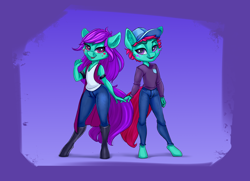 Size: 2622x1896 | Tagged: safe, artist:kittytitikitty, oc, oc only, anthro, unguligrade anthro, abstract background, boots, clothes, commission, duo, ear fluff, hat, holding hands, jeans, lidded eyes, looking at you, pants, shoes, siblings, smiling, twins