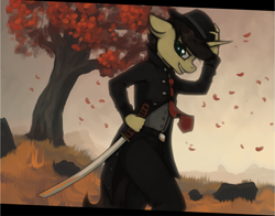 Size: 2270x1779 | Tagged: safe, artist:marsminer, oc, oc only, oc:keith, anthro, edgy, fedora, hat, katana, leaves, m'lady, solo, sword, tree, weapon