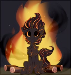 Size: 1508x1584 | Tagged: safe, alternate version, artist:little-sketches, oc, oc only, oc:cinderheart, elemental, elemental pony, pony, unicorn, bonfire, chest fluff, comfy, commission, cute, demi-god, embers, female, fire, glowing mane, log, looking up, mare, ocbetes, sitting, smiling, smoke, solo