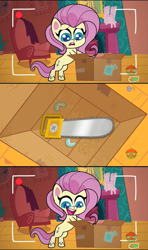 Size: 1280x2160 | Tagged: safe, edit, edited screencap, editor:tcgamebot, screencap, fluttershy, pegasus, pony, .mov, shed.mov, g4.5, my little pony: pony life, unboxing day, alternate cutie mark, animation error, bipedal, bipedal leaning, box, camera shot, chainsaw, cutie mark edit, earth pony fluttershy, female, flutterbox, fluttershy's cottage, leaning, mare, meme, missing wing, recording, sad, solo, treehouse logo, wingless