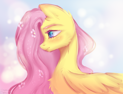 Size: 2600x2000 | Tagged: safe, artist:zefirka, fluttershy, pegasus, pony, g4, blushing, bust, chest fluff, cute, female, flower, flower in hair, freckles, high res, mare, profile, shyabetes, solo, wings
